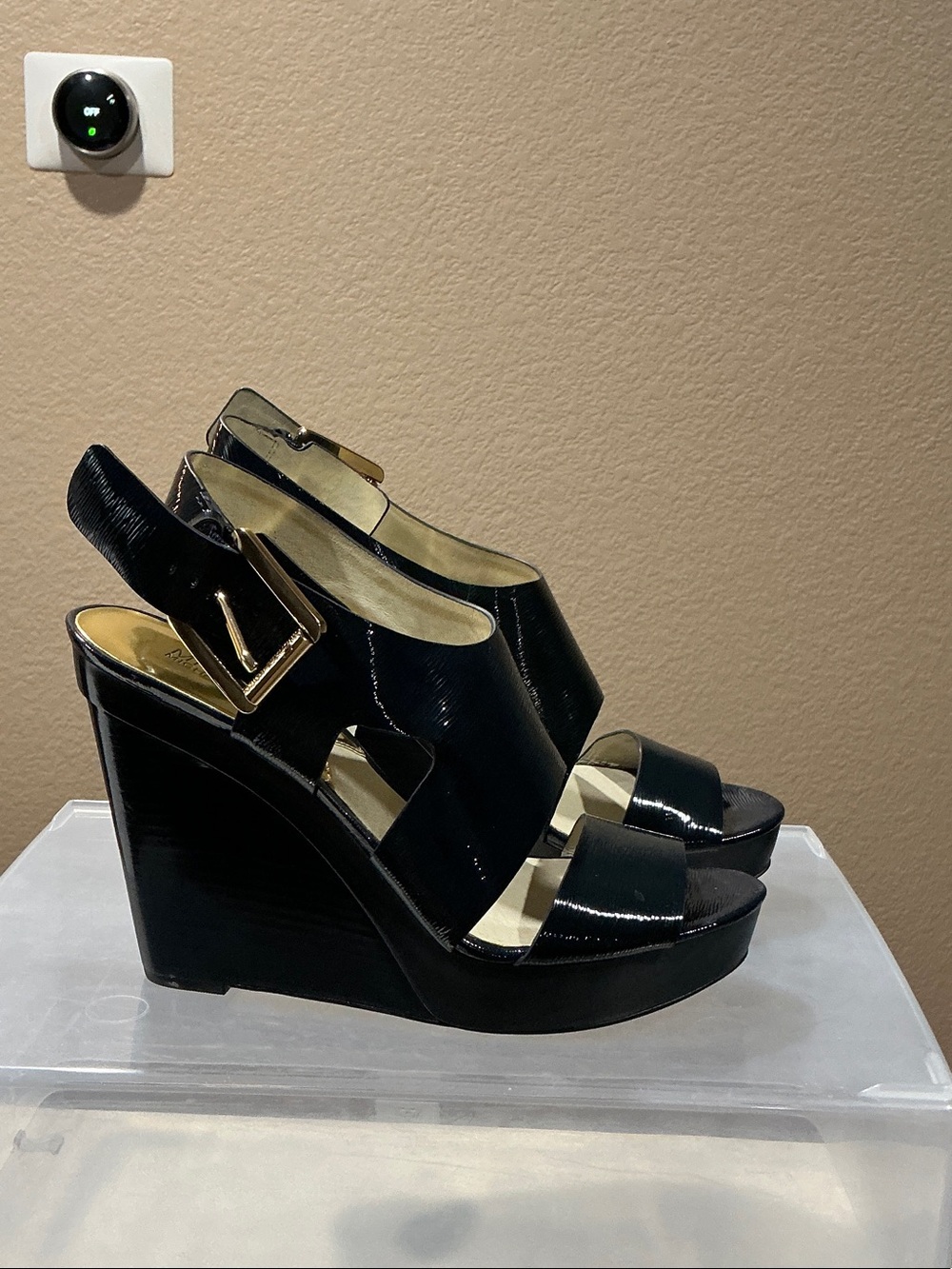 MICHAEL Michael Kors Blue Patent Wedge Sandals with Gold Buckle Accent
